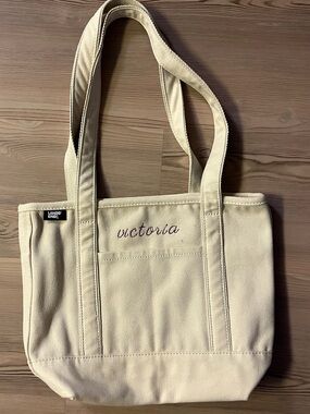 Lands' End Cream Canvas Tote with Embroidered Name “Victoria”